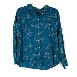 Talbots Petite | Teal Blue Paisley Floral Button Up Blouse 100% Cotton Womens LP